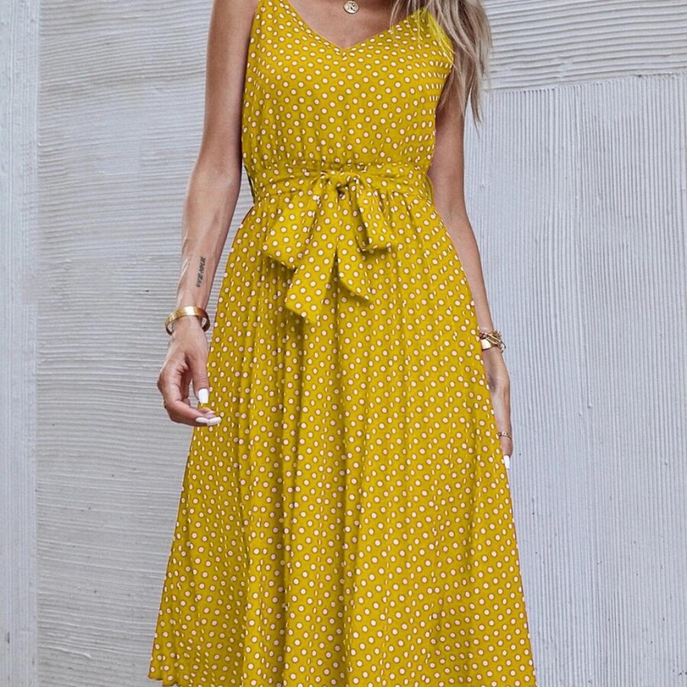 Boho Polka Dot Belted V neck Cami Dress Yellow - Picture 9 of 12